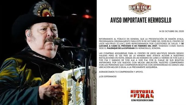 Ramón Ayala pospone concierto en Hermosillo: Anuncian nueva fecha y lugar