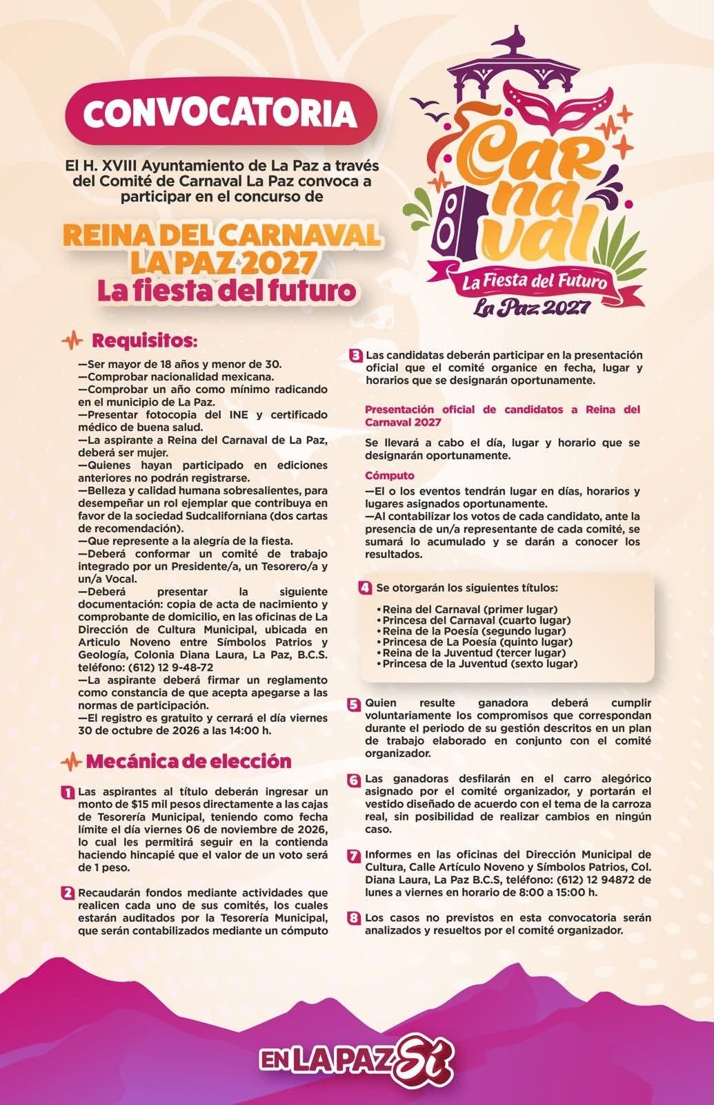 ¿Quieres ser Reina del Carnaval La Paz 2027? Abren convocatoria
