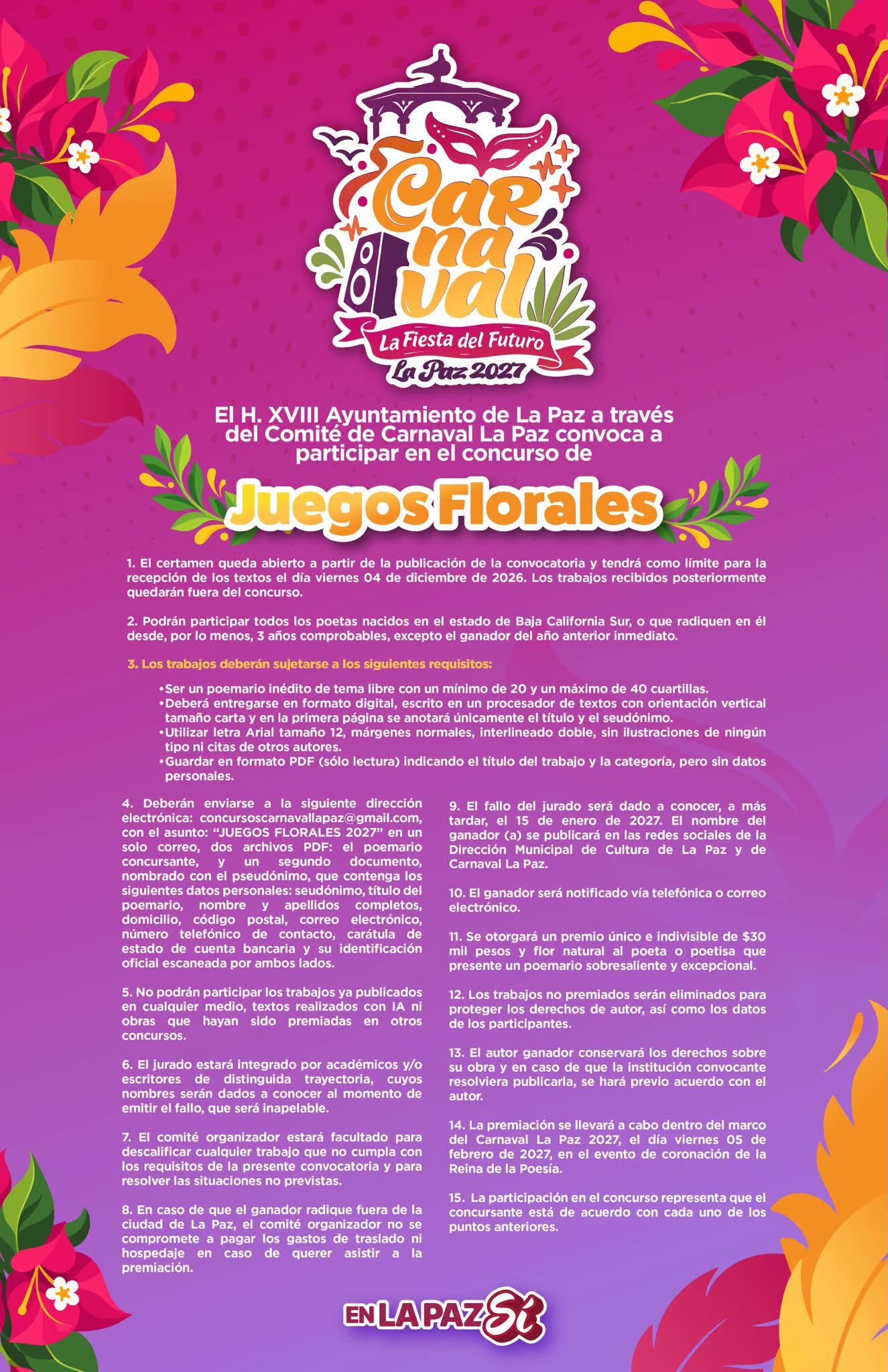 Abren convocatoria para los Juegos Florales del Carnaval La Paz 2027