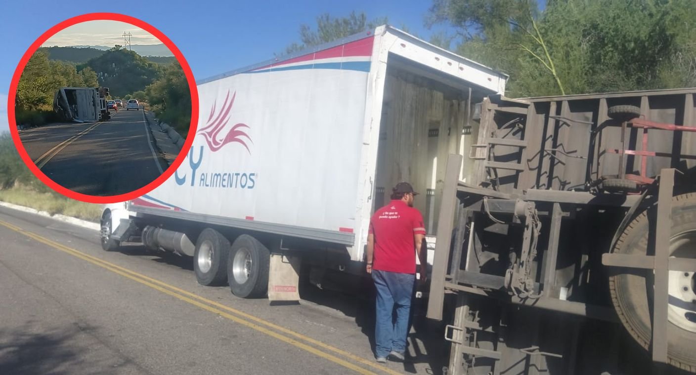 Vuelca camión con productos congelados en la carretera Hermosillo-Ures; reportan un lesionado