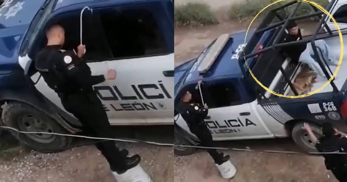 Captan a policía de León, Guanajuato intentando abrir su patrulla con un alambre, mientra el detenido lo veía desde el interior VIDEO