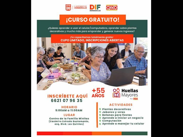 Invita Gobierno de Hermosillo a curso gratuito para personas de más de 55 años en Las Minitas