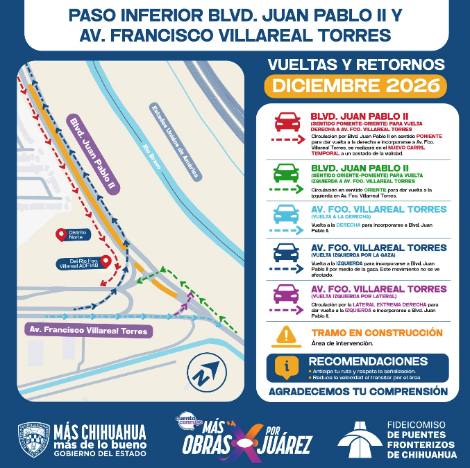 Gobierno del Estado informa rutas alternas por construcción de dos pasos inferiores y uno superior en Ciudad Juárez