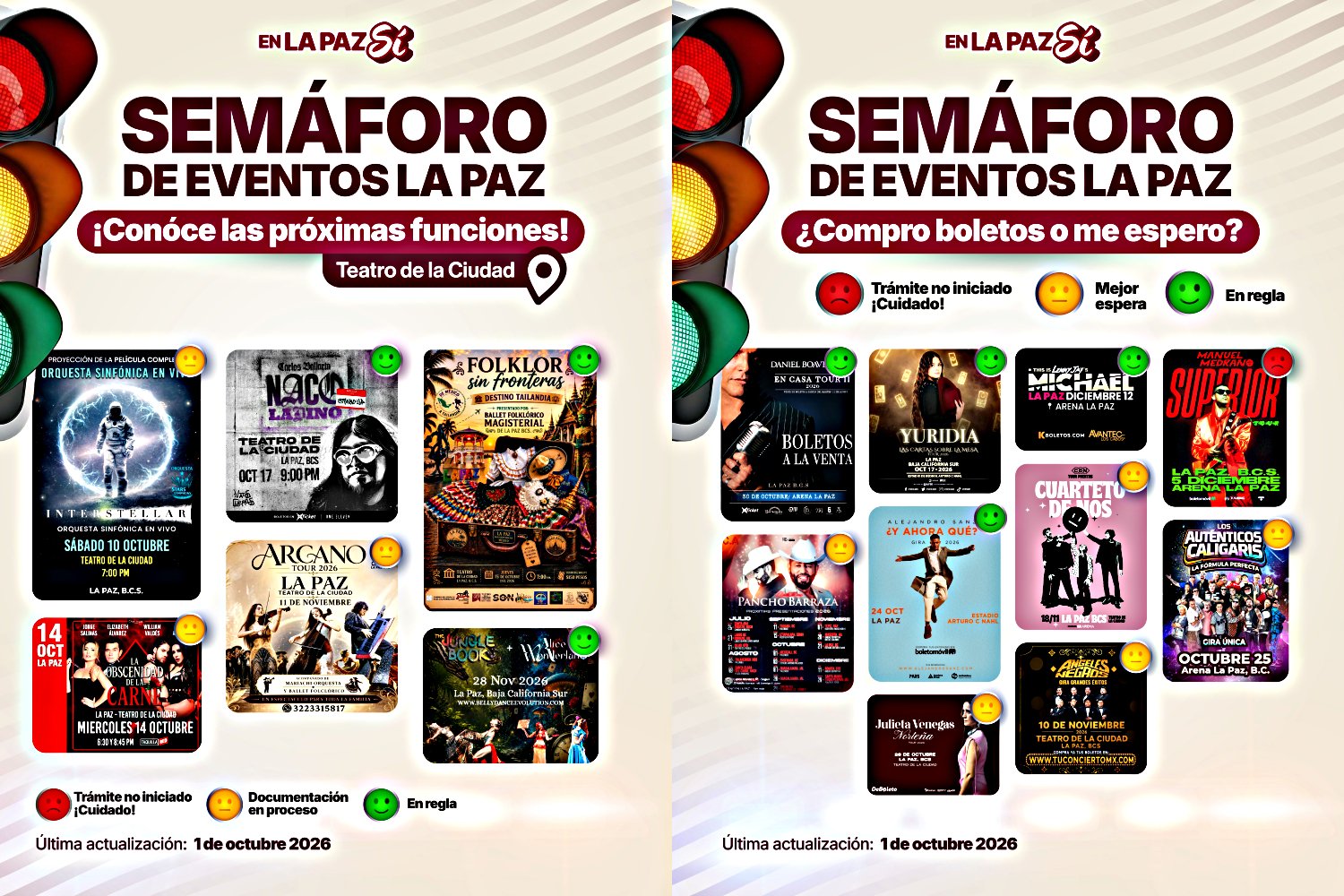 Se mueve el semáforo de eventos de La Paz; hay conciertos en verde, entre ellos Alejandro Sanz