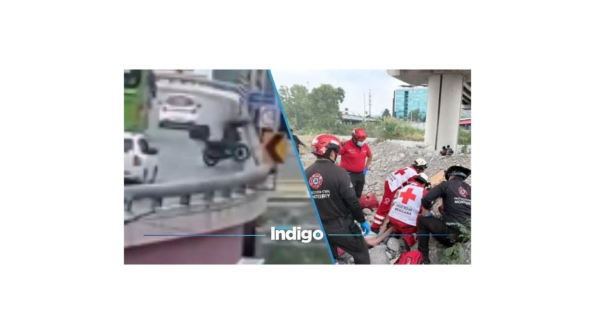 VIDEO | Motociclista se impacta contra muro del Puente Zaragoza, cae 15 metros y sobrevive en Monterrey