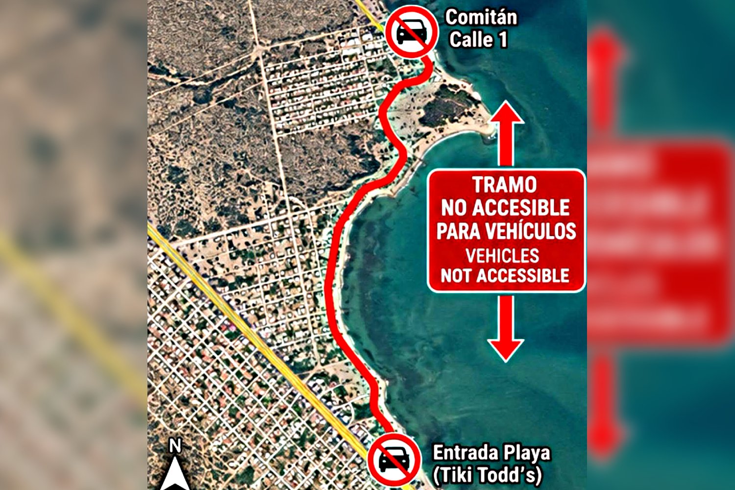 Marea alta deja temporalmente intransitable el acceso a las playas de El Comitán, en La Paz