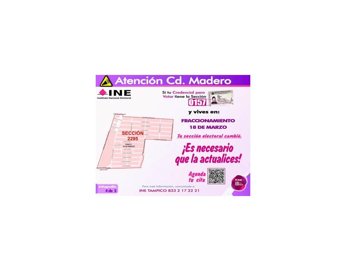 INE Tampico invita a la ciudadanía a la actualización de su Credencial para Votar por reseccionamiento de la sección electoral 0157