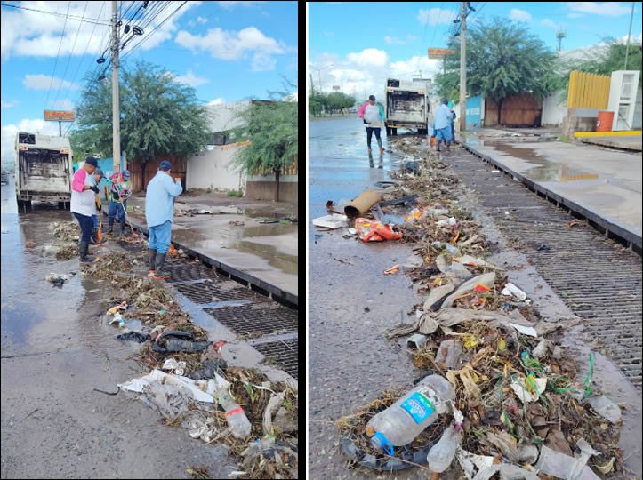 Realizan trabajadores del Ayuntamiento de Hermosillo limpieza de rejillas pluviales por las lluvias de este domingo