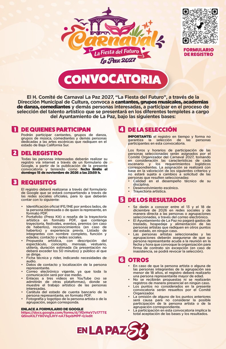 Buscan talento artístico para los escenarios del Carnaval La Paz 2027
